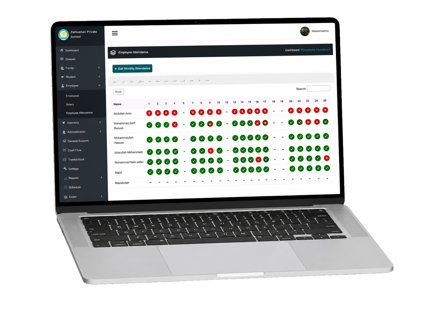 AsanLink employee attendance screen with daily present and absent records